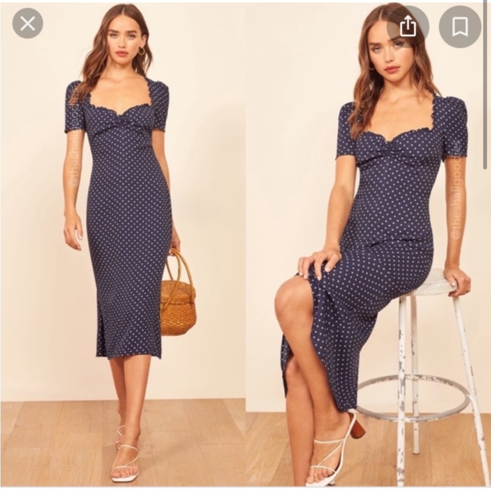 Reformation Marfa Blue and White Polka Dot Midi Dress